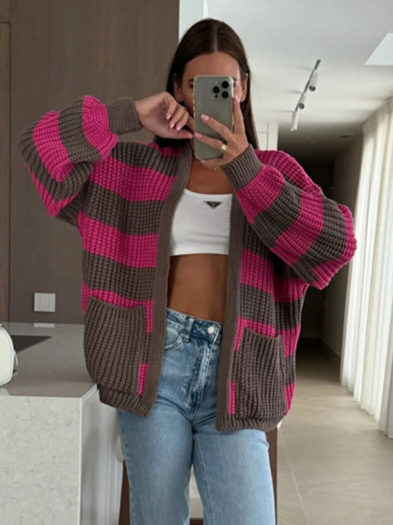 Striped Open Front Long Sleeve Cardigan - -