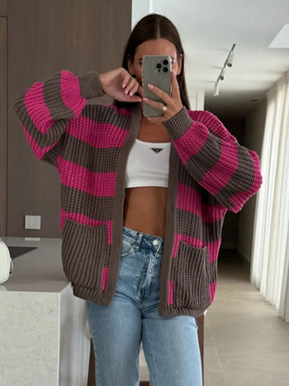Striped Open Front Long Sleeve Cardigan - -