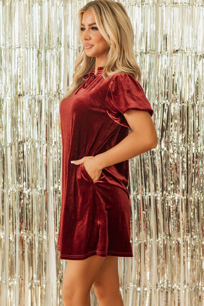 Cinnamon Velvet Smocked Neckline Puff Sleeve Shift Mini Dress - - Dresses/Mini Dresses