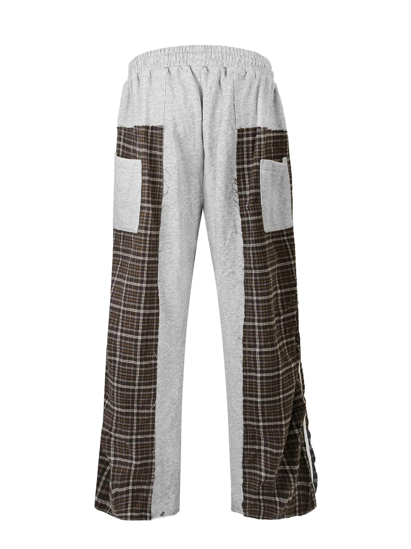Men's Drawstring Patchwork Plaid Wide Leg Pants - Gray -