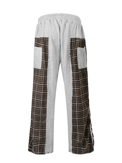Men's Drawstring Patchwork Plaid Wide Leg Pants - Gray -