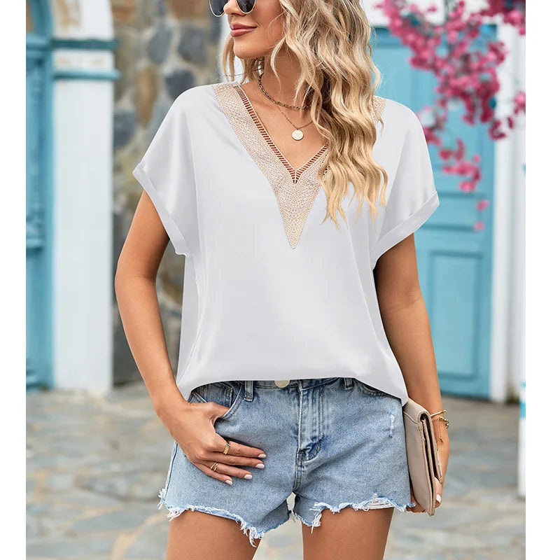 Summer Women's Blouses & Shirts V-Neck Fashion Ladies Loose Short-Sleeve Shirt