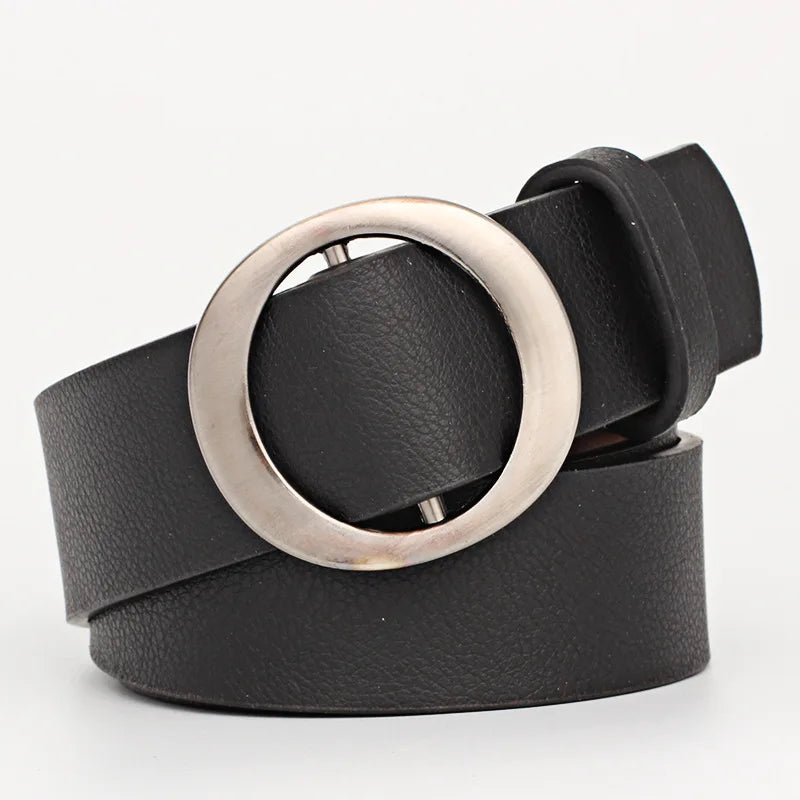 Belt With Round Buckle Vintage Simple Non Porous Ladies PU Leather Belt