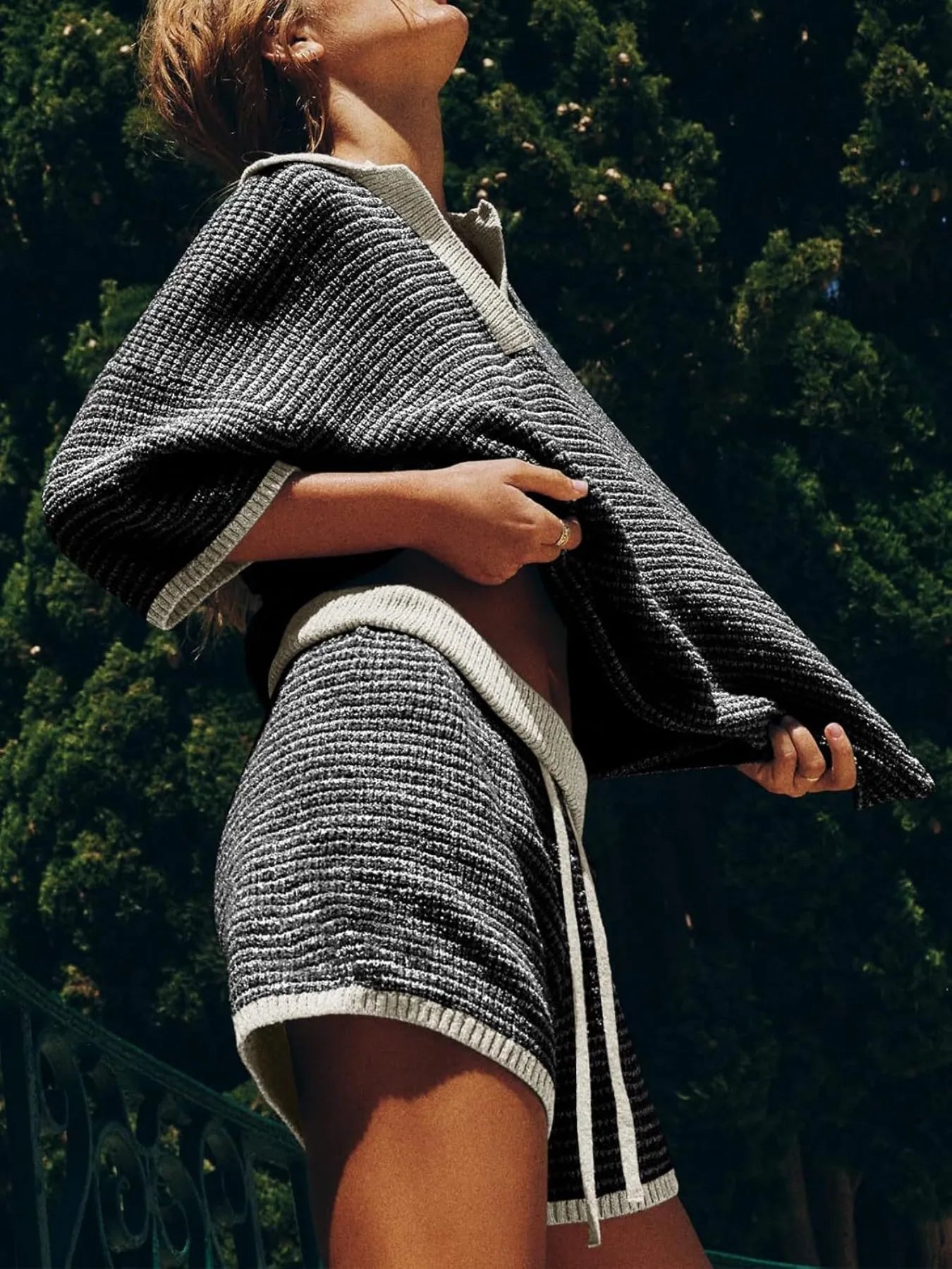 Collared Neck Contrast Striped Top and Shorts Sweater Set- Shopimist- {{Product type}}