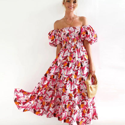 Floral-Print Off-Shoulder Loose Dress for Women - Light green M - dress