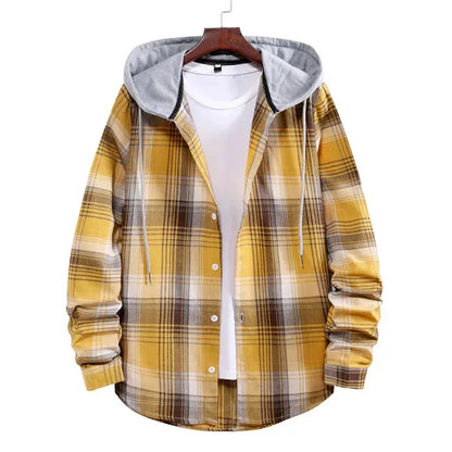 Work Shirt With Hood Mens Plaid Hoodie Shirt Yellow