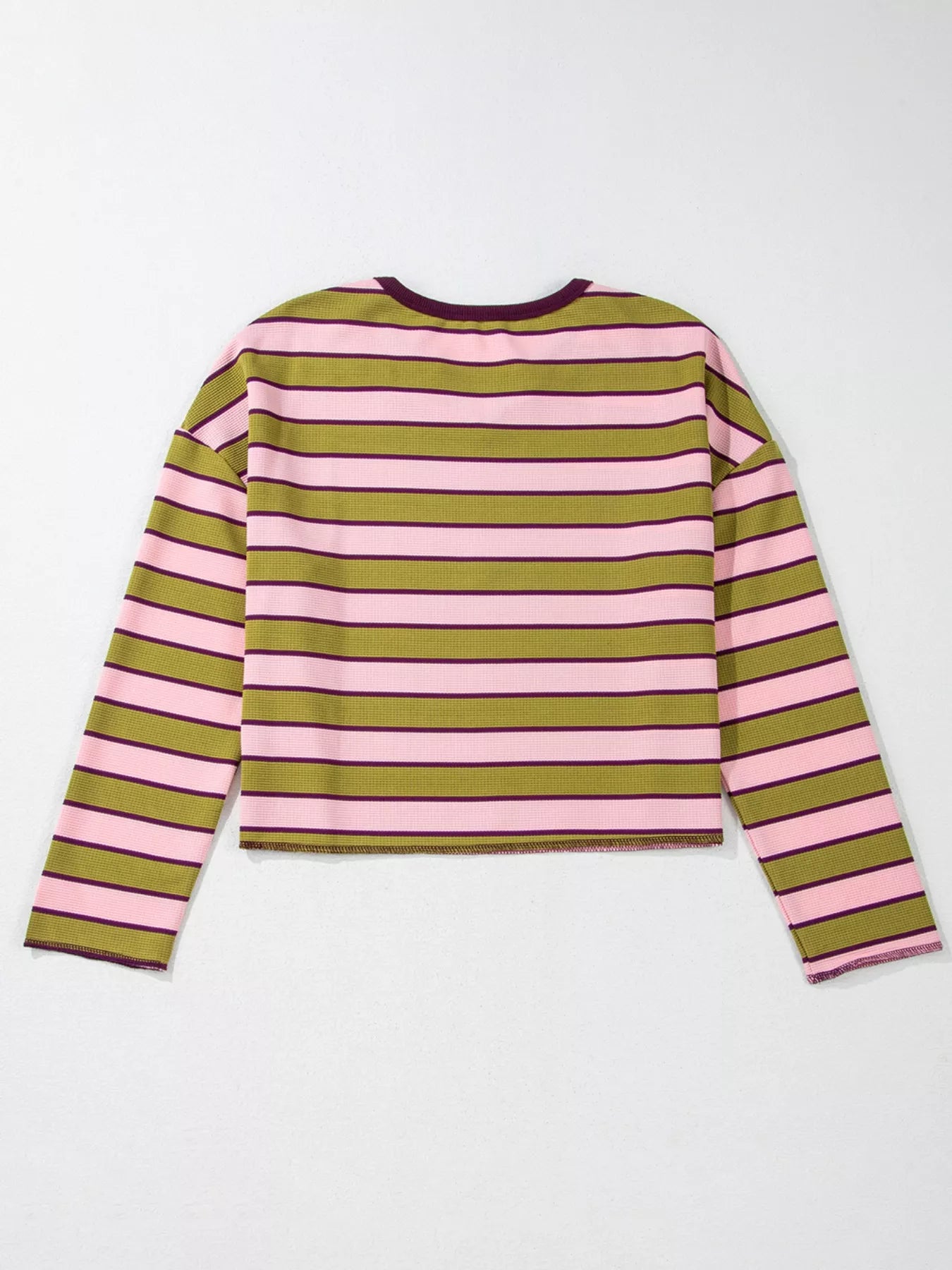 Stripes Waffle Texture Notched Neck Long Sleeve Top - -