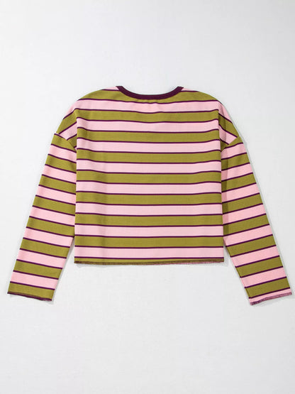 Stripes Waffle Texture Notched Neck Long Sleeve Top - -