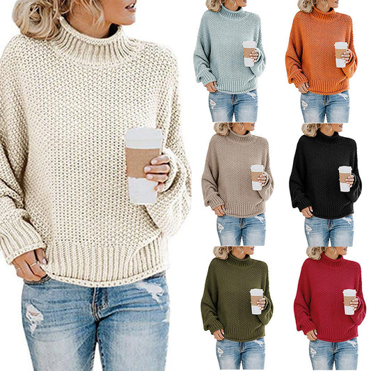 New Knitted Sweater Women's Thick Thread High Neck Pullover Sweater