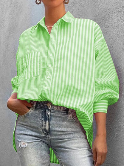 Striped Button Down Long Sleeve Shirt - Neon Green -