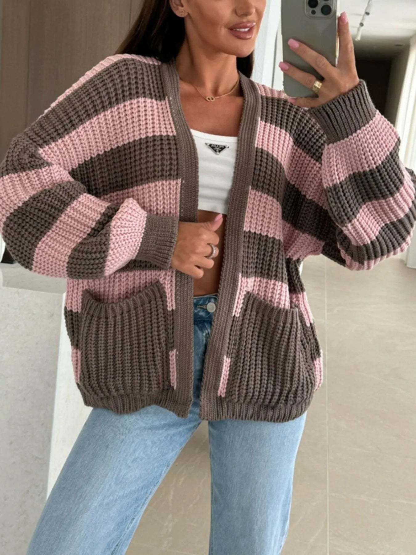 Striped Open Front Long Sleeve Cardigan - -
