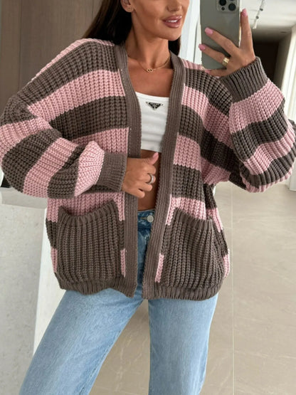 Striped Open Front Long Sleeve Cardigan - -