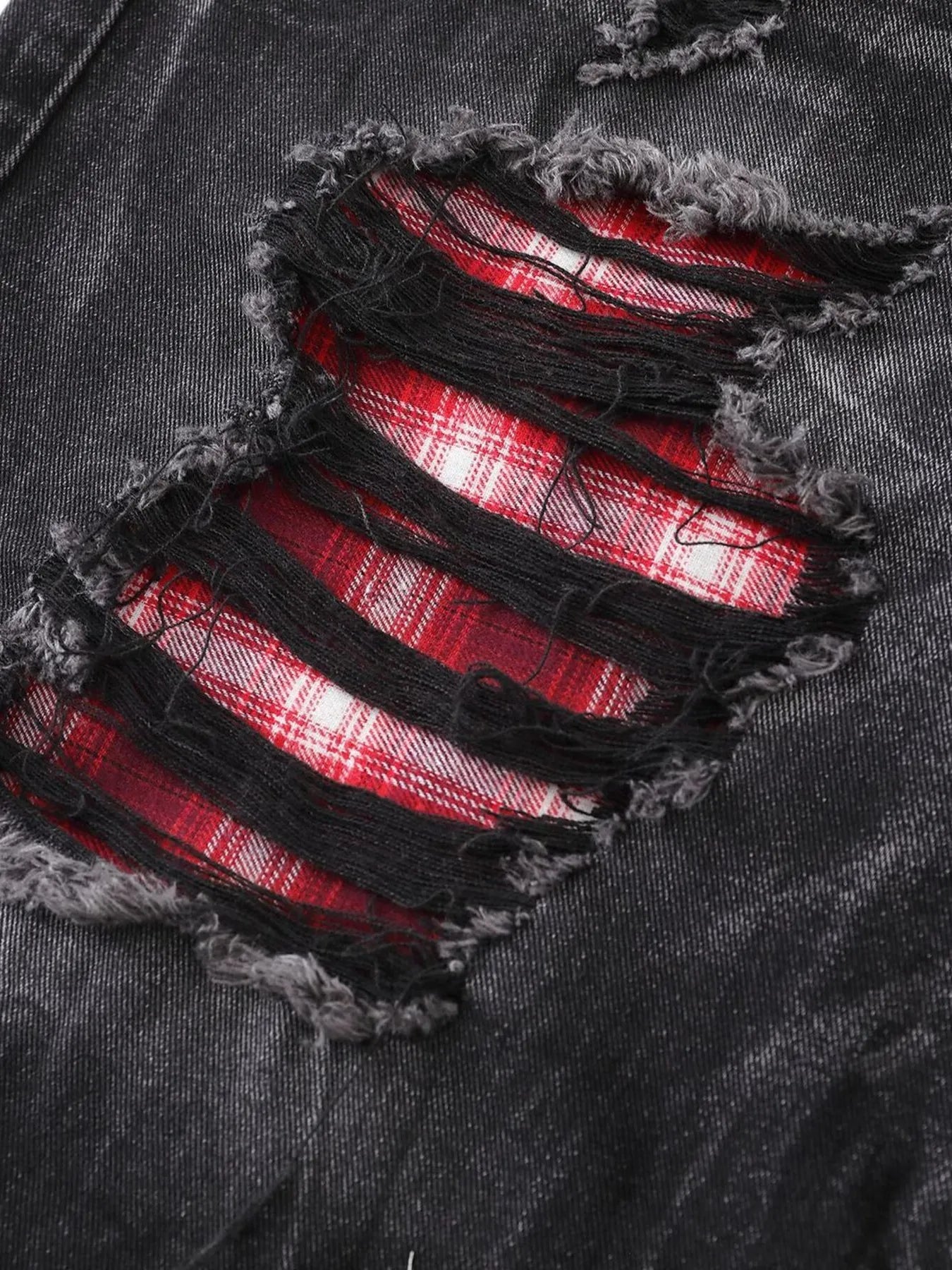 Men's Distressed Denim Shorts with Plaid Patches - -