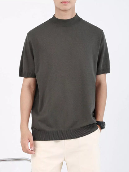 Men's Plus Size Mock Neck Knitted T-Shirt - Army Green -