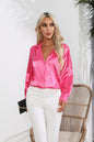 Lapel Collar Button Up Long Sleeve Shirt - Hot Pink -