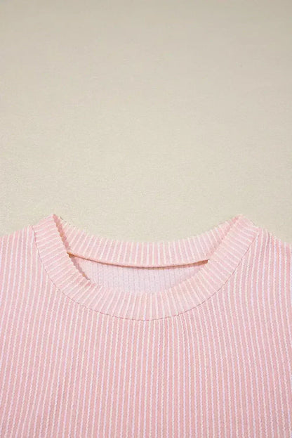 Pink Corded Colorblock Pocket Crew Neck T Shirt - - T Shirts