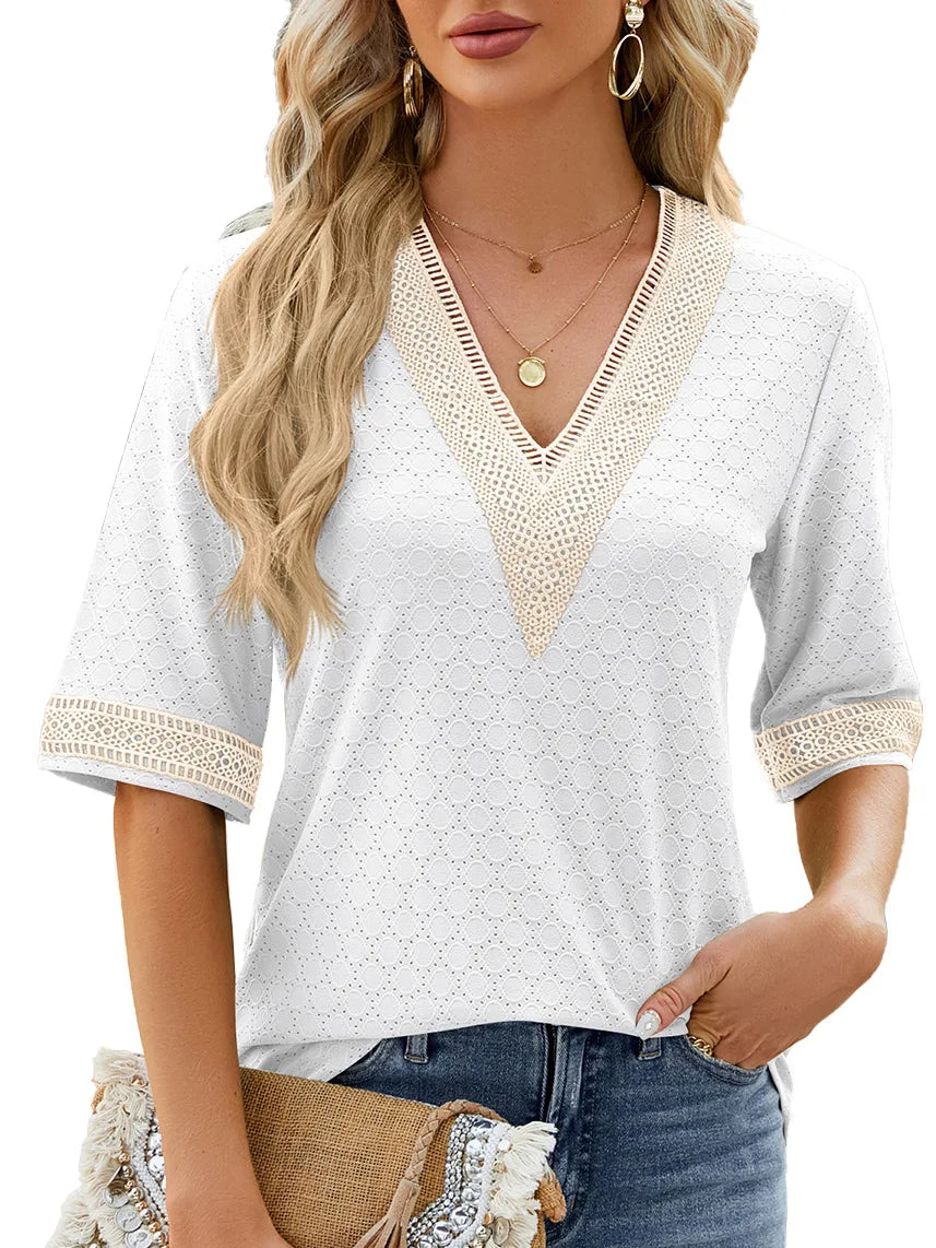 Solid Color Pullover V-Neck Lace Panel Mid Sleeve Shirt