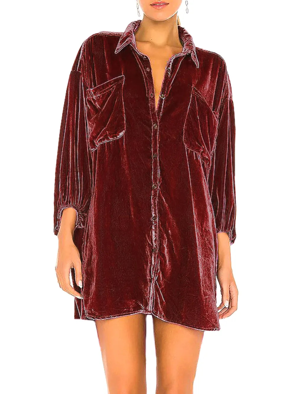 Collared Neck Button Down Long Sleeve Shirt - -