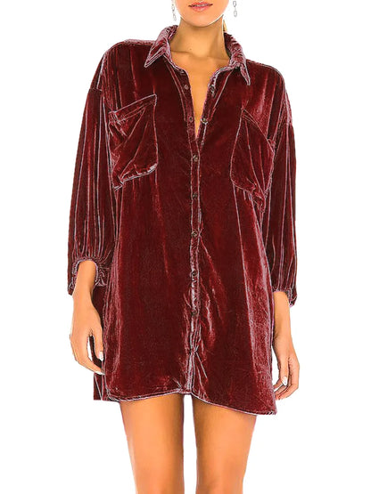Collared Neck Button Down Long Sleeve Shirt - -