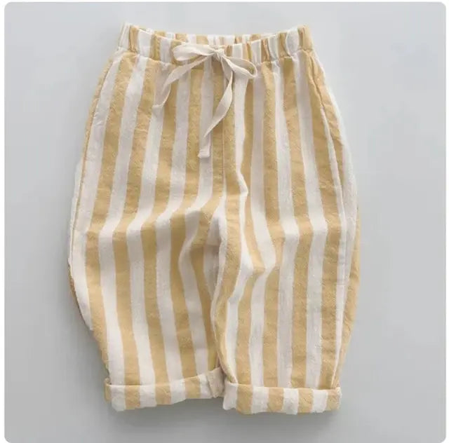 Vintage Linen Cotton Stripe Pants Yellow 3-4 Years