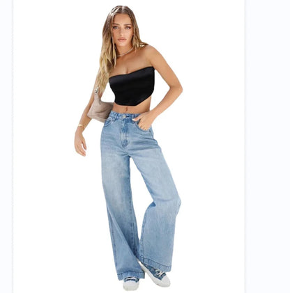 Ladies High Waist Loose Wide Leg Pants Casual Denim Jean