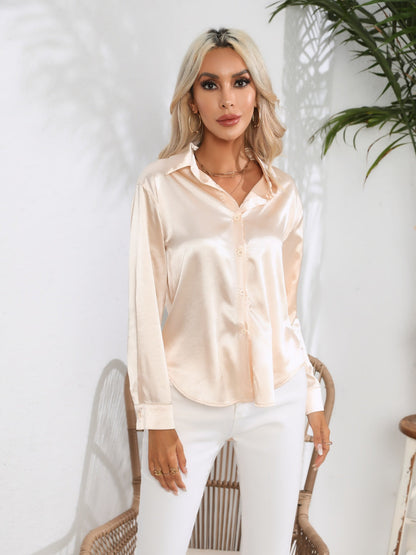 Collared Neck Buttoned Long Sleeve Shirt - Tan -