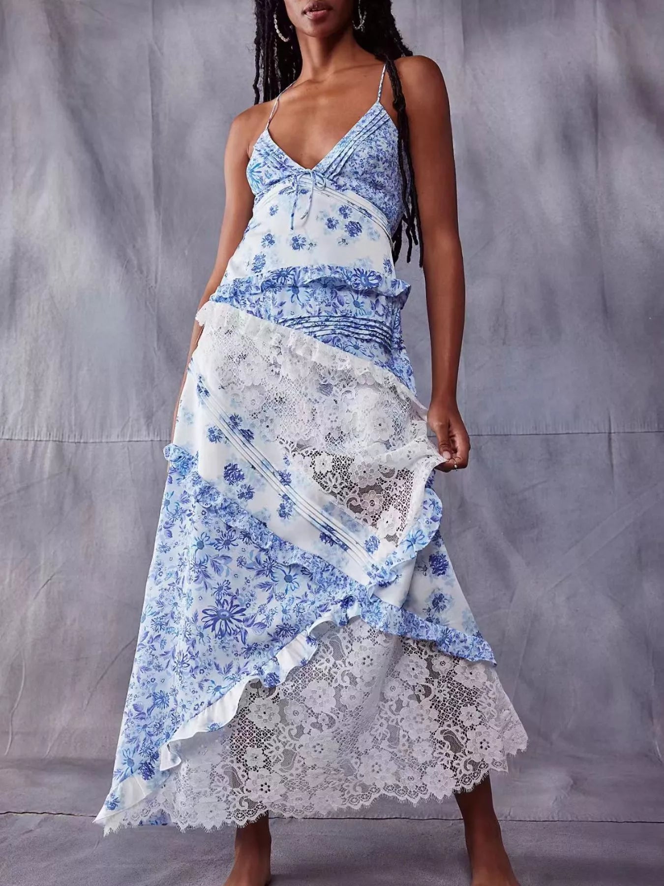 Lace Floral Print Ruffle Trim Maxi Dress - Light Blue -