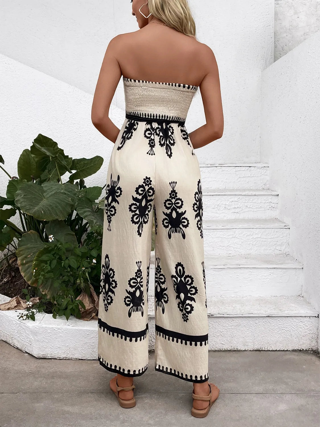 Smocked Printed Wide Leg Jumpsuit - -