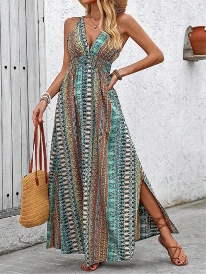 Tied Back Printed Sleeveless Maxi Slit Dress - Turquoise -