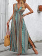 Tied Back Printed Sleeveless Maxi Slit Dress - Turquoise -