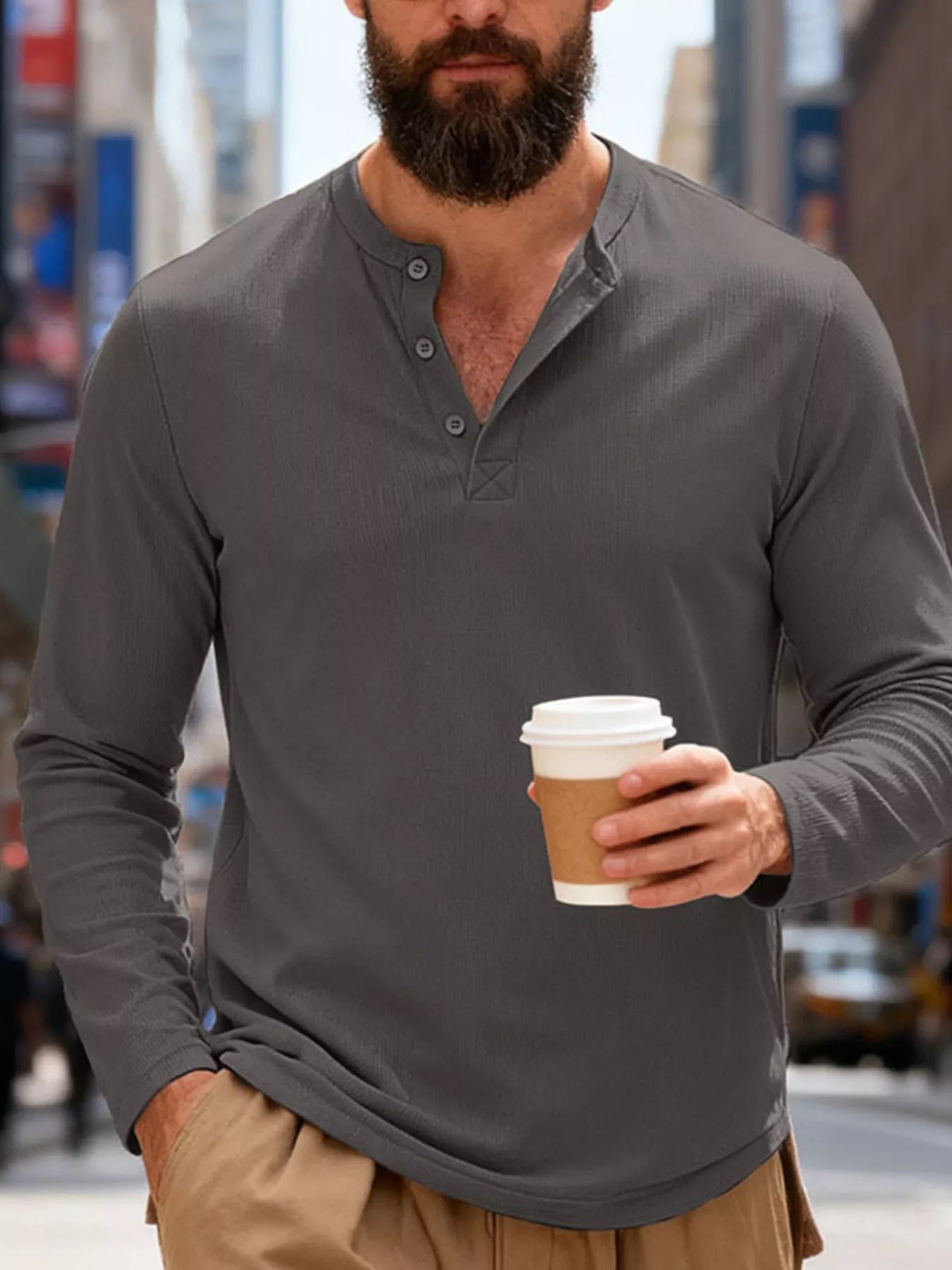 Men's Full Size Casual Long Sleeve Henley T-Shirt Plus Size - Gray -