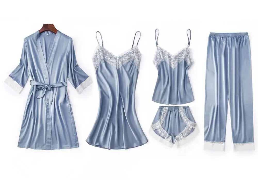 5pcs Ladies Silk Satin Pajama Set Lace Pajama Set Sleepwear Nightwear for Women