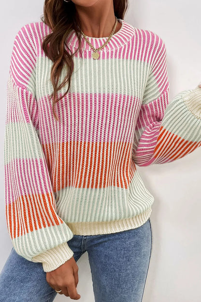 Striped Color Block Round Neck Long Sleeve Sweater - -