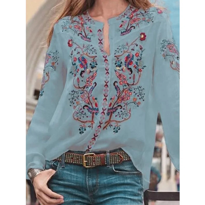 Lace Blouse Long Sleeve Lovely Floral Printed Shirt Ladies Stand Collar Blouse