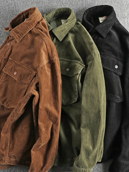 Men's Plus Size Corduroy Button Up Long Sleeve Jacket - -