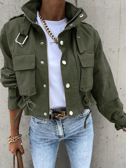 Snap Down Long Sleeve Jacket - Army Green -