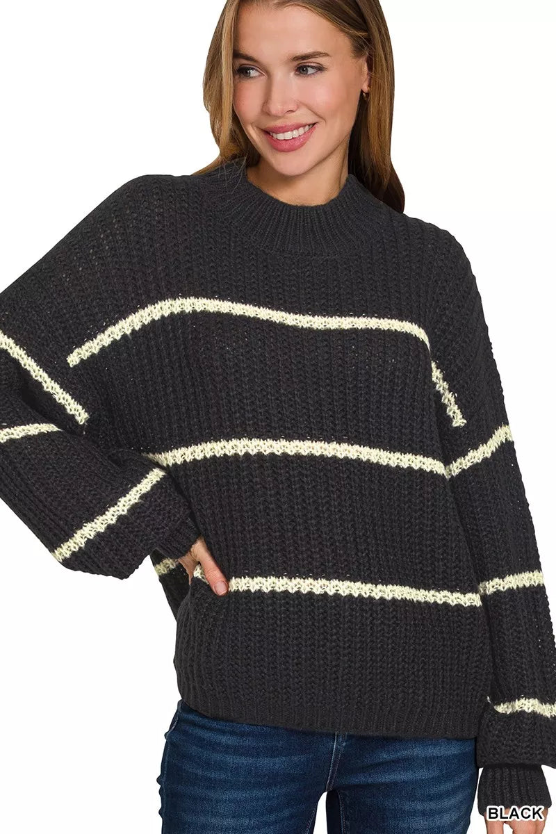 Zenana Oversize Striped Sweater - BLACK -