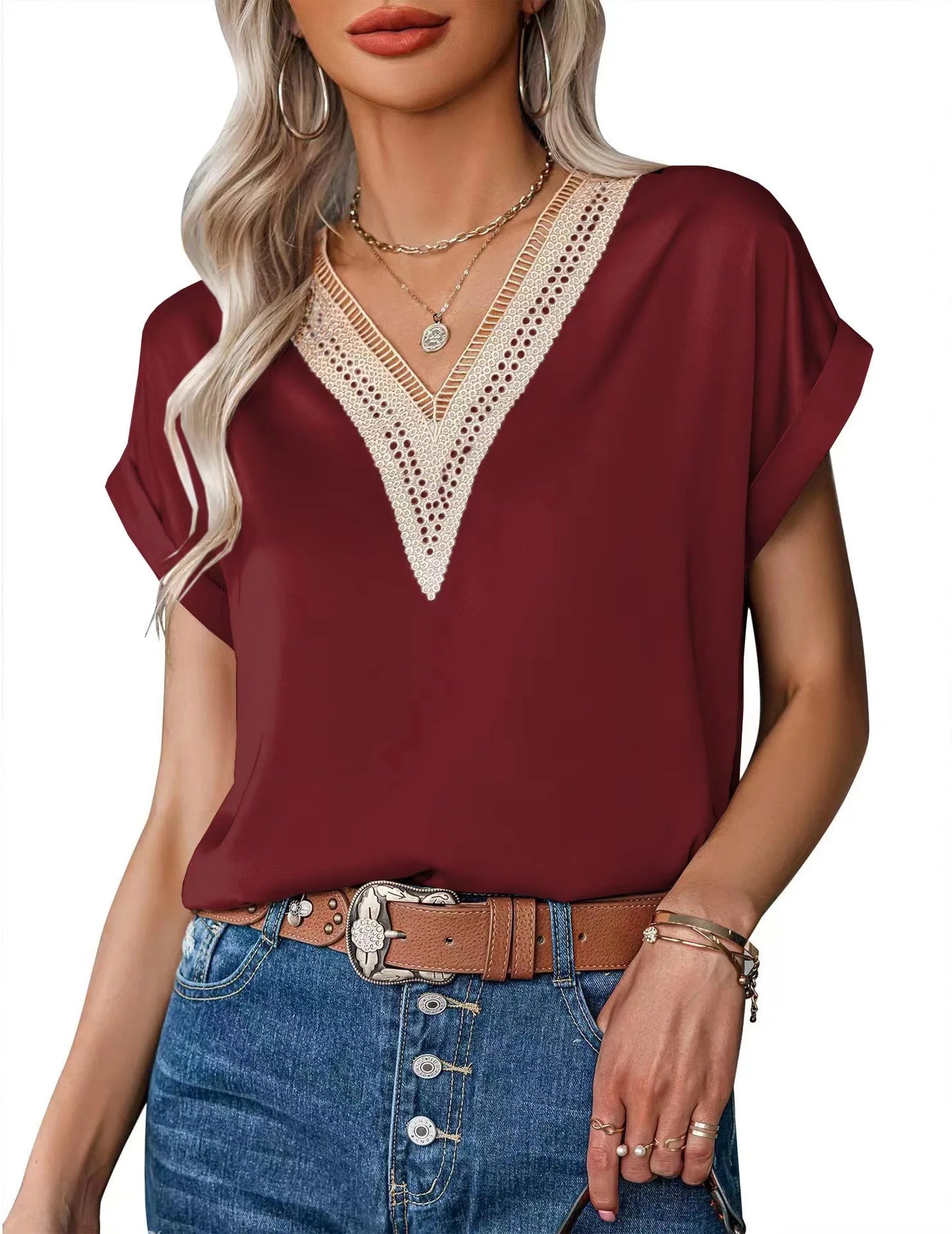 Summer Women's Blouses & Shirts V-Neck Fashion Ladies Loose Short-Sleeve Shirt