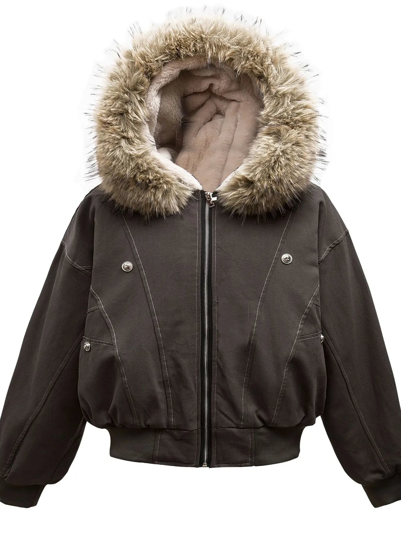 Men's Faux Fur Hooded Zip Up Jacket - Grey -