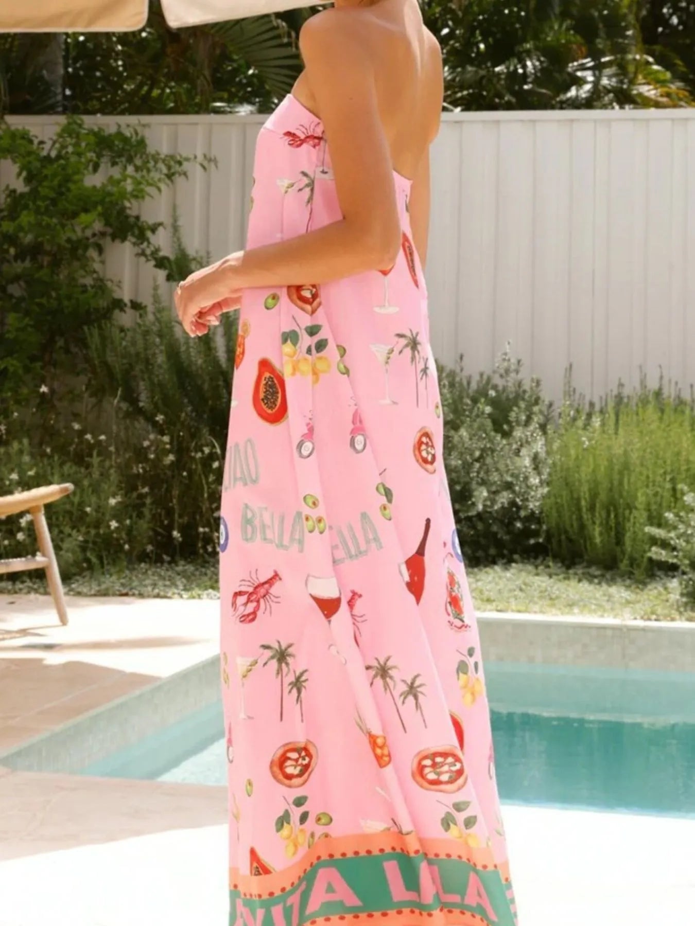 Printed Strapless Summer Maxi Dress - -
