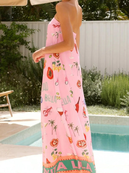 Printed Strapless Summer Maxi Dress - -