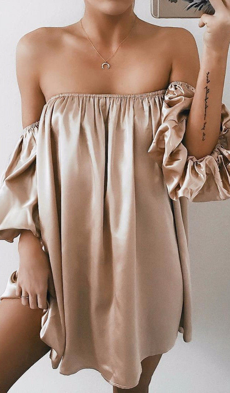New Womens Off-Shoulder Loose Casual Dress - Khaki M - dress