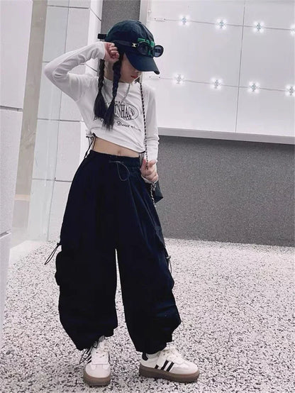 Girls Velvet Cargo Pants High Waist Baggy Pants Black