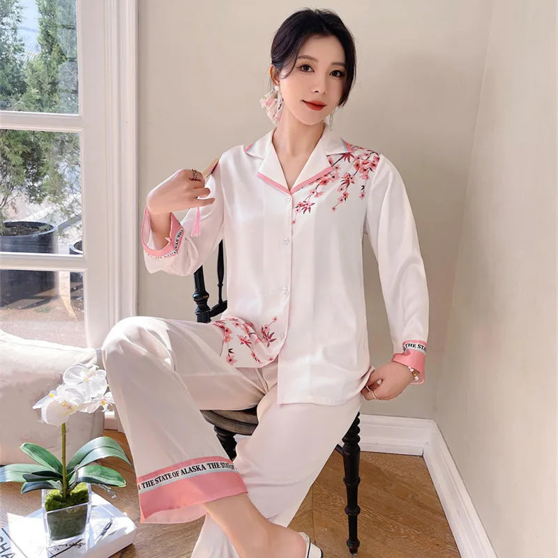 Women's Silk Pajamas Lapel Satin Sleepwear Long Sleeve Lady Night Wear