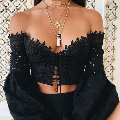 Embroidered Lace Trim Off-Shoulder Top - black XL - shirt