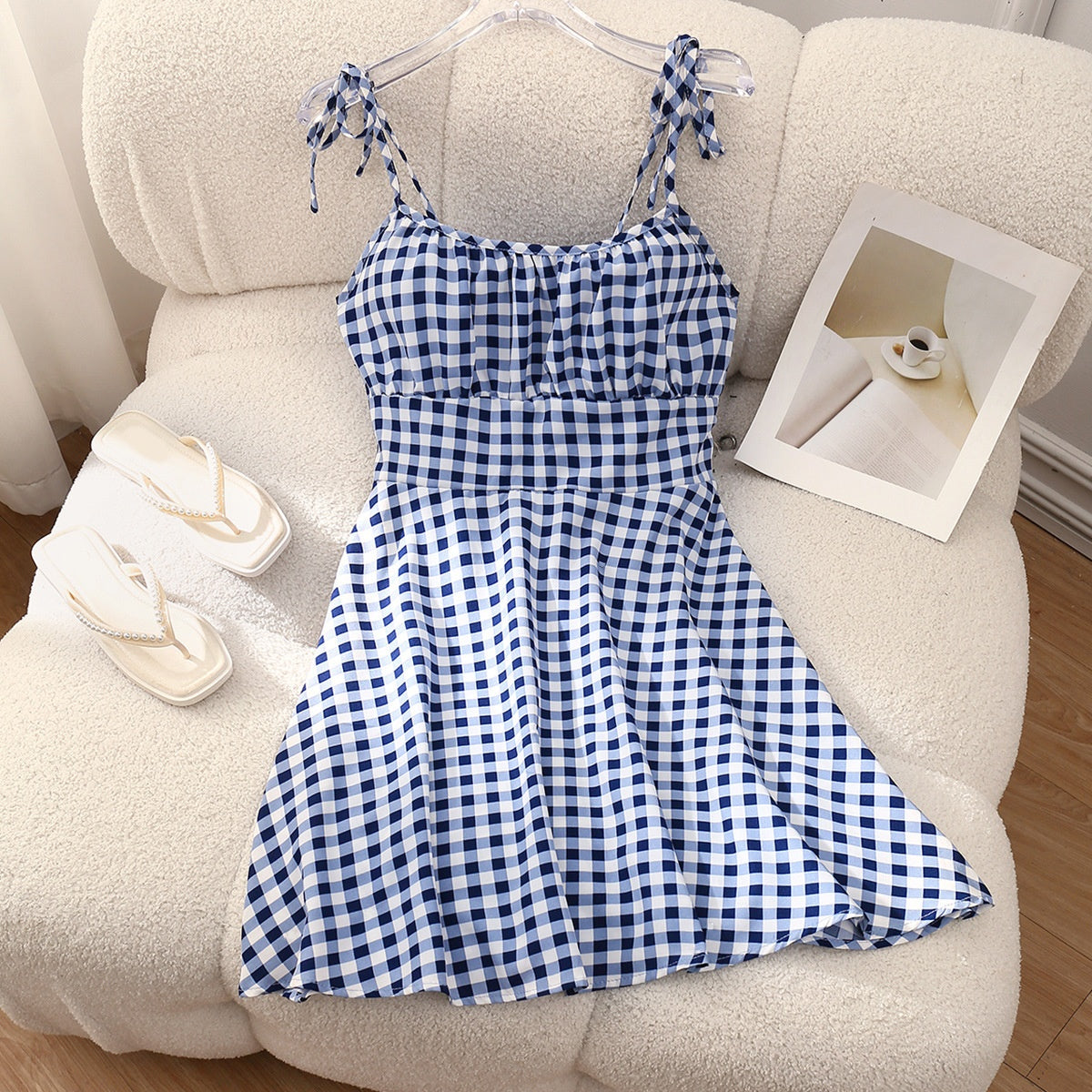 Women's Floral A-Line Mini Dress — Open Back, 10 Colors, XS–XXL - Blue plaid - Women's Clothing
