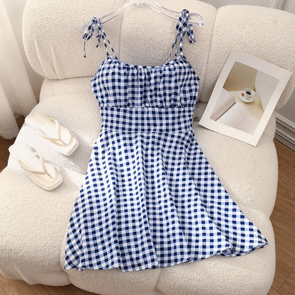 Women's Floral A-Line Mini Dress — Open Back, 10 Colors, XS–XXL - Blue plaid - Women's Clothing