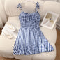 Women's Floral A-Line Mini Dress — Open Back, 10 Colors, XS–XXL - Blue plaid - Women's Clothing