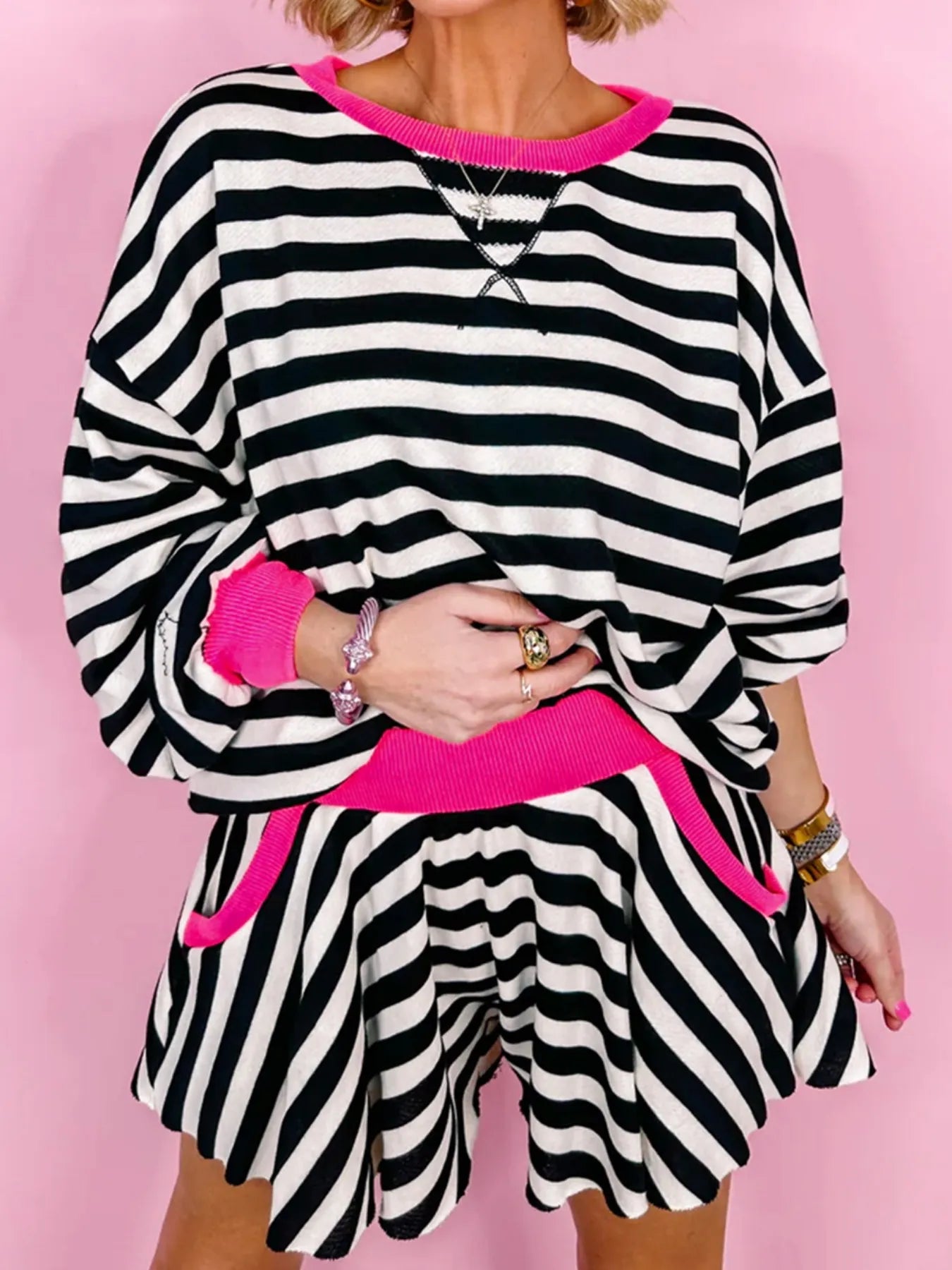 Stripe Contrast Ribbed Banding Long Sleeve Blouse and Loose Shorts Set- Shopimist- {{Product type}}