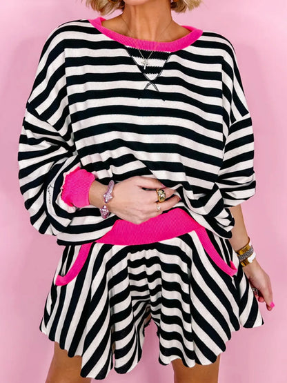 Stripe Contrast Ribbed Banding Long Sleeve Blouse and Loose Shorts Set- Shopimist- {{Product type}}
